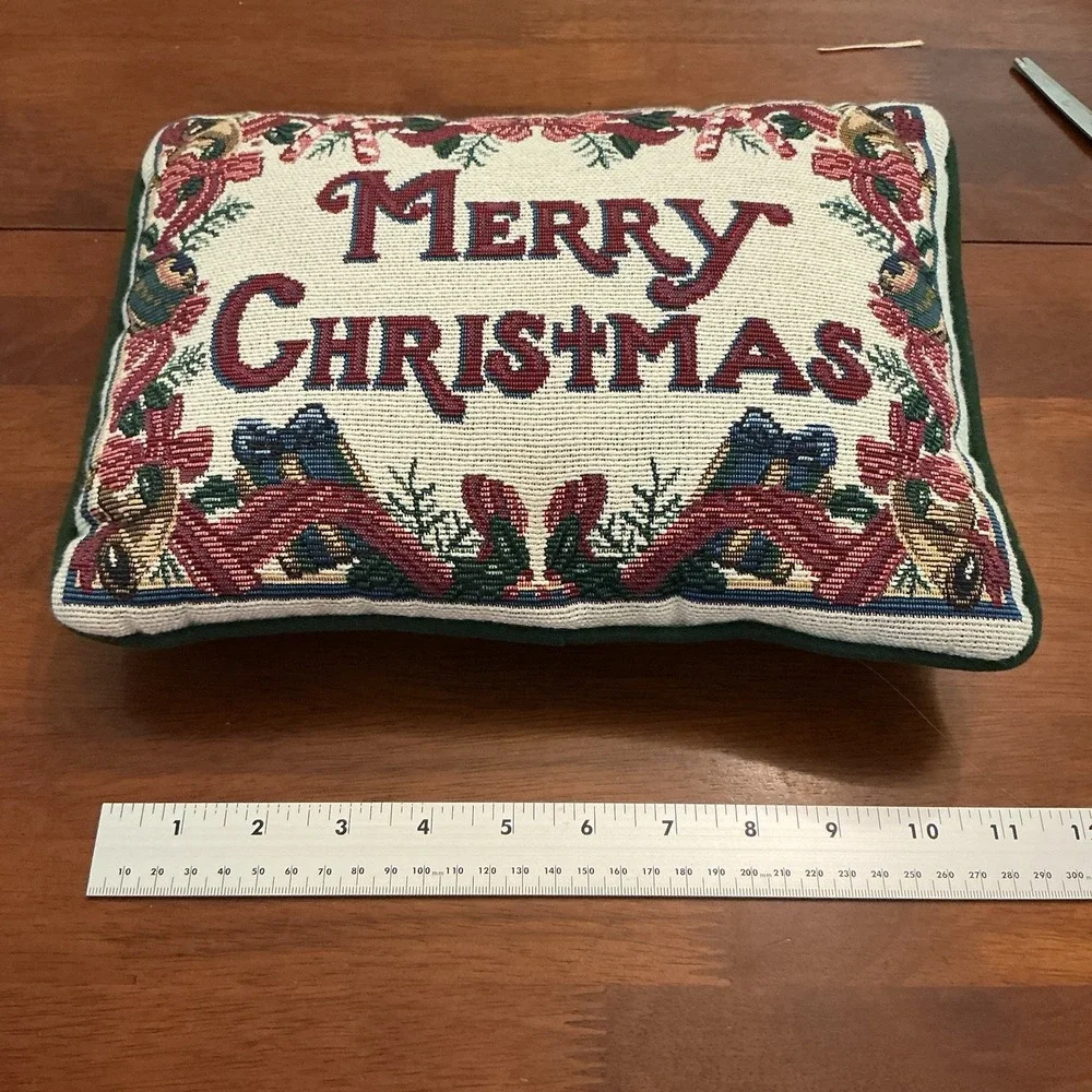 Vintage Tapestry Needlepoint Merry Christmas Holiday Throw Pillow Grannycore